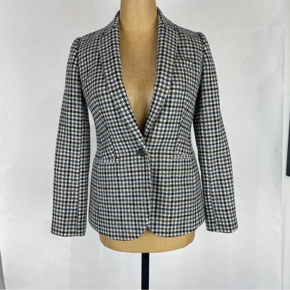 J CREW Blazer Jacket Wool Plaid Houndstooth Navy/Brown/Grey/Multi Size 2